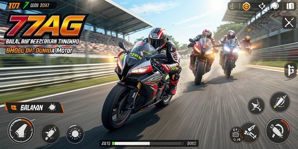 Screenshot utama 77AG menampilkan aksi balapan motor yang mendebarkan.