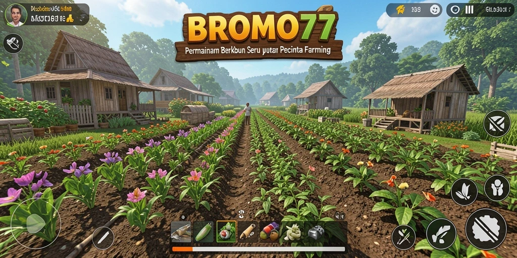 Tampilan gameplay seru di BROMO77 dengan aktivitas berkebun.