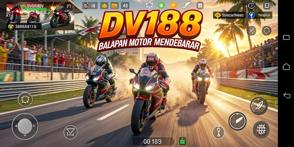 Tampilan gameplay DV188 dengan aksi balapan motor yang seru.