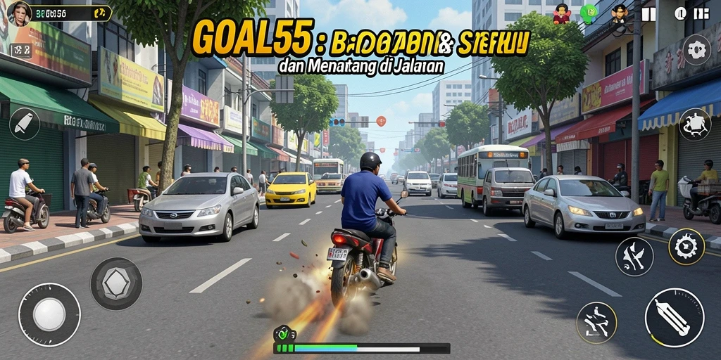 Tangkapan layar gameplay GOAL55 yang menggambarkan aksi balapan yang mendebarkan.