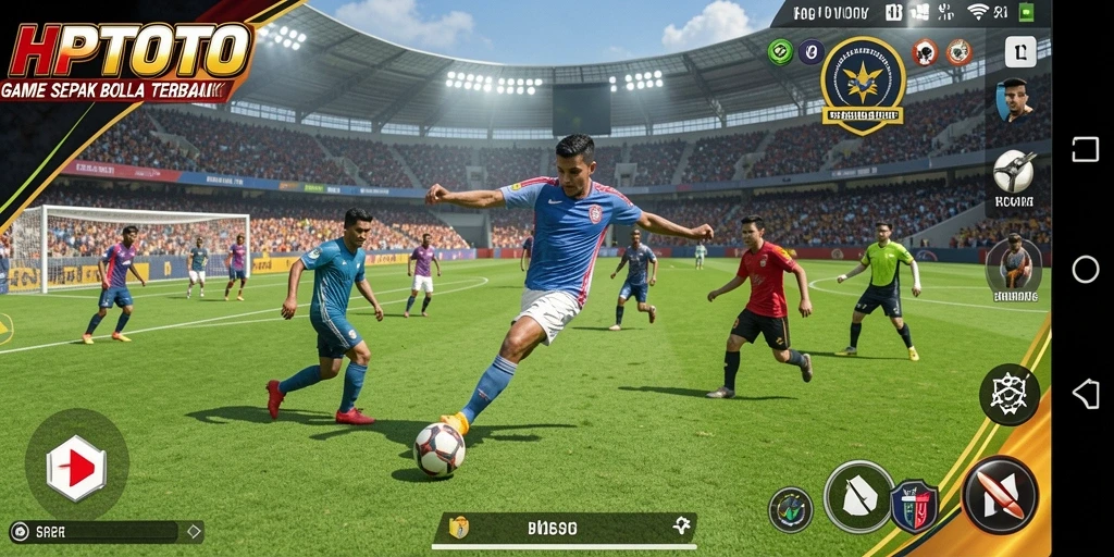 Tampilan dinamis gameplay HPTOTO yang penuh aksi di lapangan sepak bola.