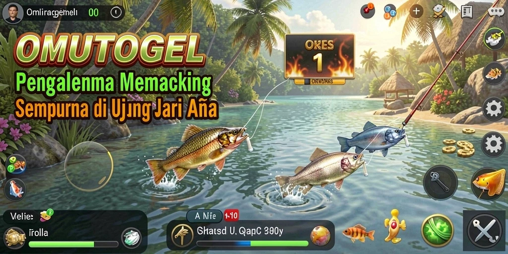 Tampilan gameplay OMUTOGEL yang menggembirakan saat memancing.