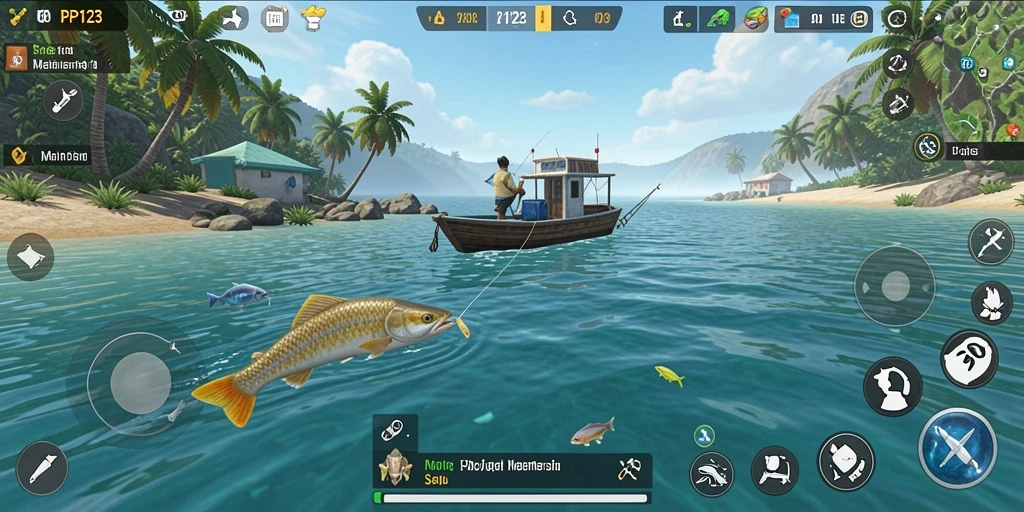 Screenshot gameplay PP123 menampilkan aksi memancing yang seru dan menantang.