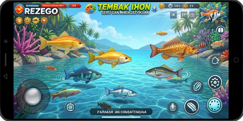Screenshot gameplay REZEGO menampilkan aksi menembak ikan yang seru.